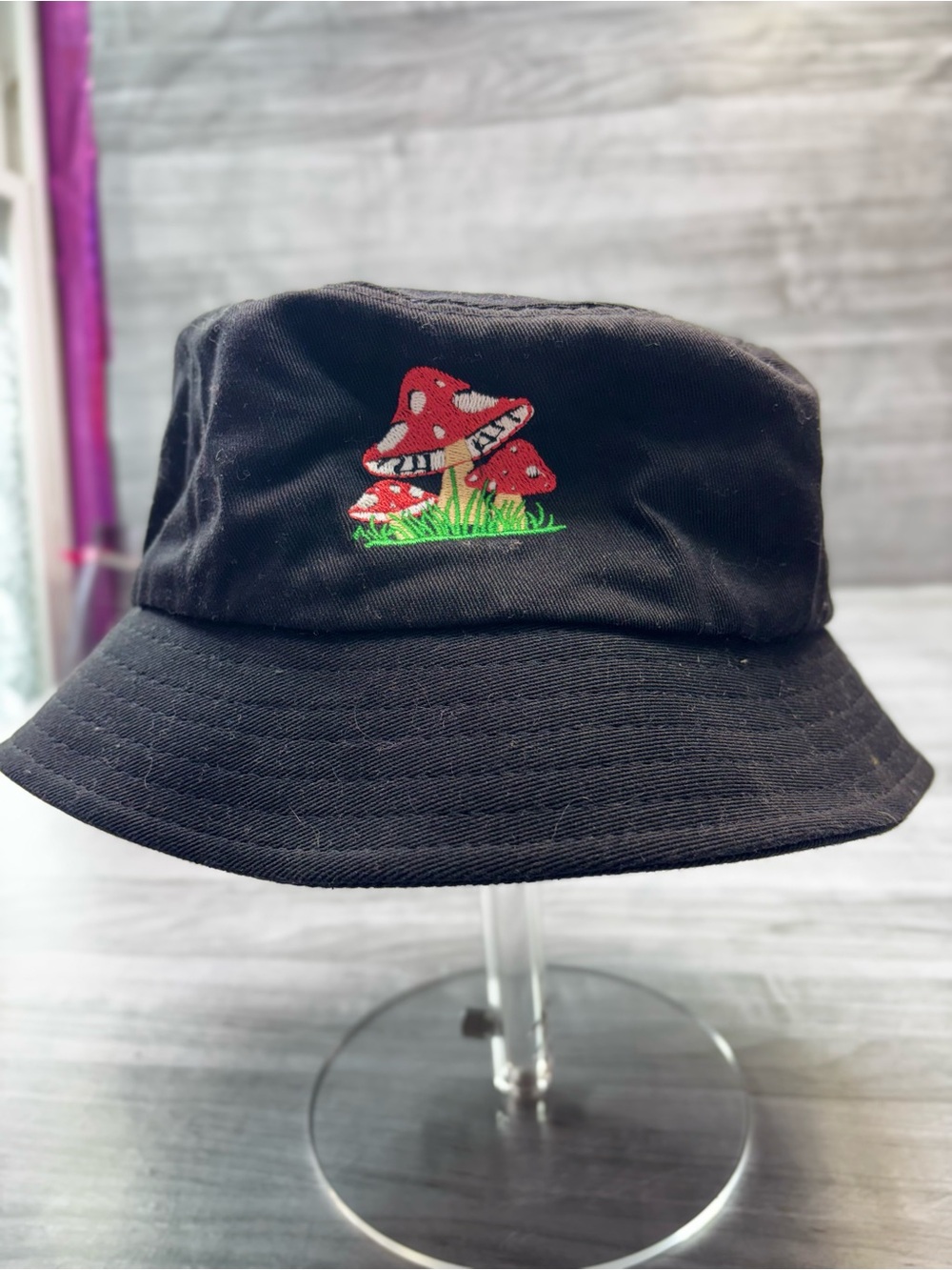 Fairycore Black Bucket Hat with Red Mushroom Embroidery